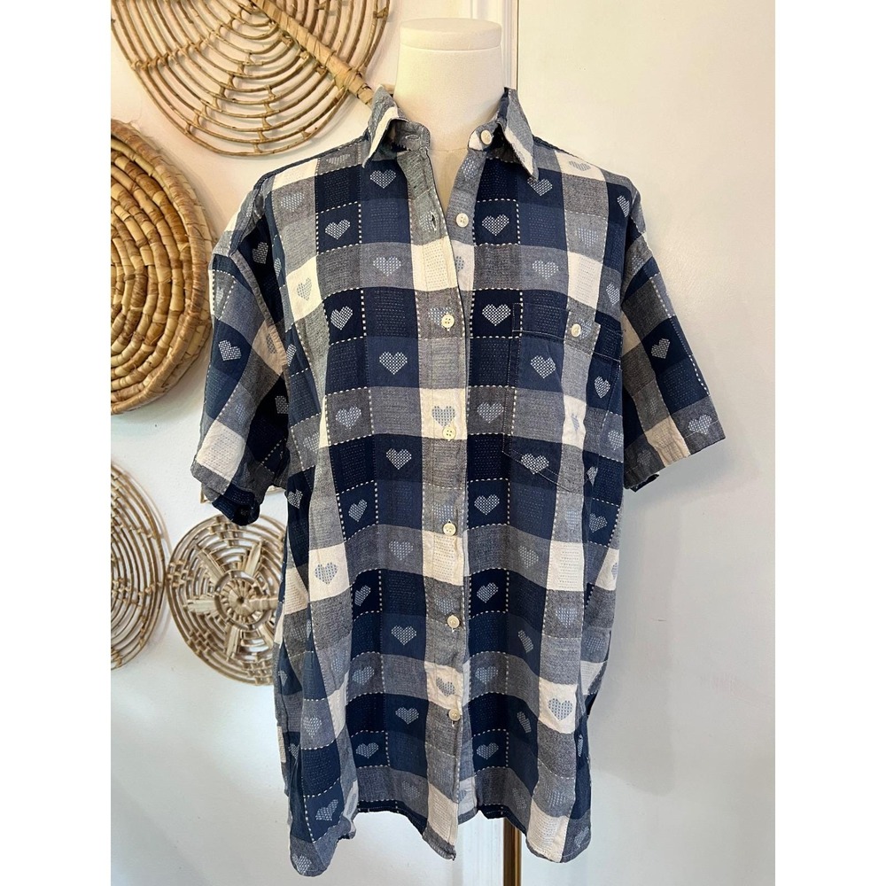 Vintage Patchwork Heart Plaid Button Up Shirt Cottagecore Cotton 1X